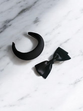 Load image into Gallery viewer, Black Headband Fascinator with Separate Large Satin Back Bow, 7cms wide headband