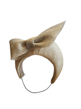 Load image into Gallery viewer, Beige Bow Fascinator 7 cms Tall Headband, With Silver Thread, Halo Shape, Races Headpiece