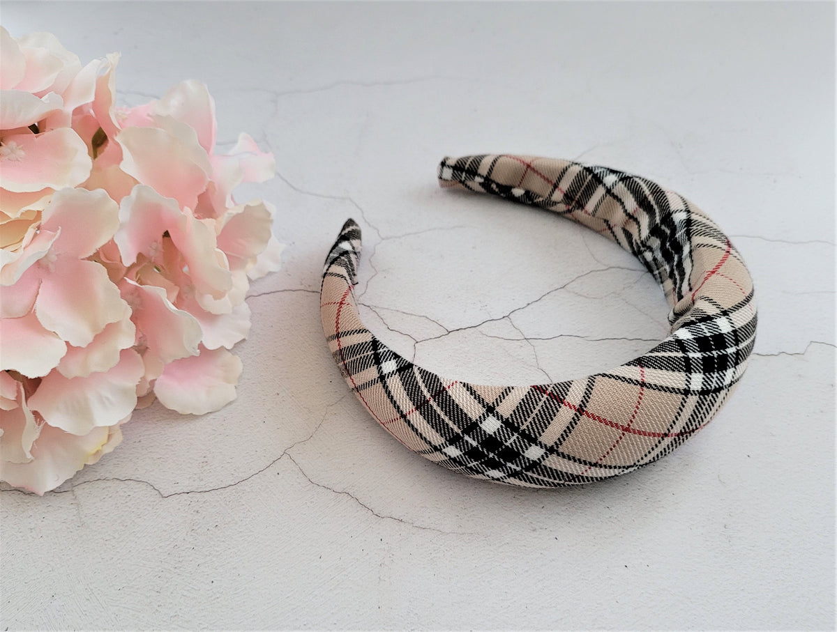 Beige Tartan Headband Padded, Black Check Plaid Hair Band 