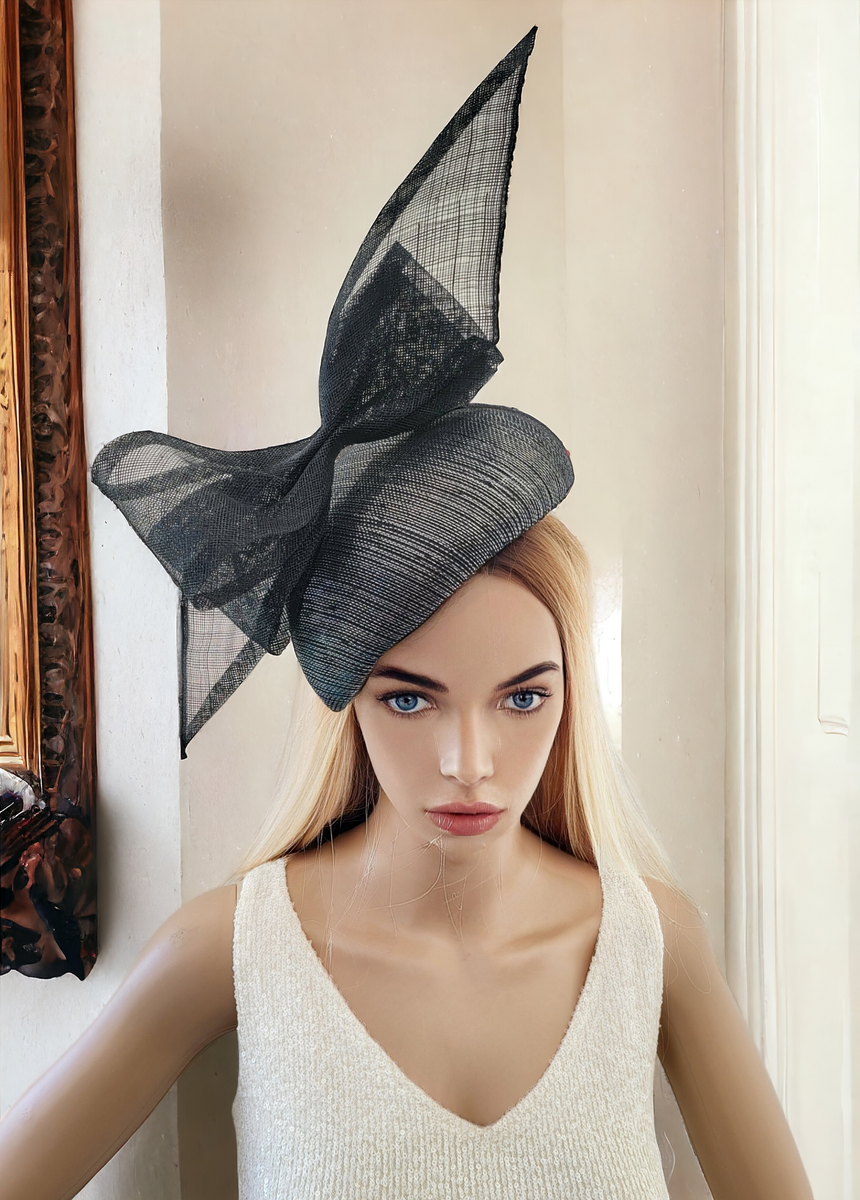Black Bow Percher hat with silver thread Teardrop Fascinator designbyhummingbird