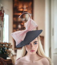 Load image into Gallery viewer, Big Black Saucer Hat with Pink Bow on a headband