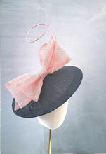 Load image into Gallery viewer, Big Black Saucer Hat with Pink Bow on a headband