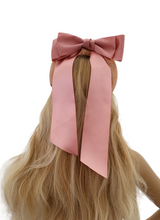 Load image into Gallery viewer, Blush Pink Satin Bow Headband Fascinator, on a Sinamay Halo Base, with tails