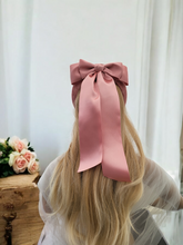Load image into Gallery viewer, Blush Pink Satin Bow Headband Fascinator, on a Sinamay Halo Base, with tails