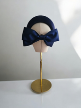 Load image into Gallery viewer, Dark Blue Headband Fascinator with Separate Large Satin Back Bow, 7cms wide headband