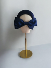 Load image into Gallery viewer, Dark Blue Headband Fascinator with Separate Large Satin Back Bow, 7cms wide headband