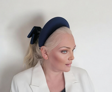 Load image into Gallery viewer, Dark Blue Headband Fascinator with Separate Large Satin Back Bow, 7cms wide headband