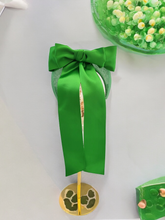 Load image into Gallery viewer, Green Satin Bow Headband Fascinator, on a Sinamay Halo Base, with tails