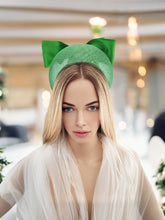 Load image into Gallery viewer, Green Satin Bow Headband Fascinator, on a Sinamay Halo Base, with tails
