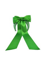 Load image into Gallery viewer, Green Satin Bow Headband Fascinator, on a Sinamay Halo Base, with tails