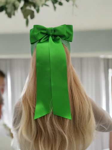 Green Satin Bow Headband Fascinator, on a Sinamay Halo Base, with tails