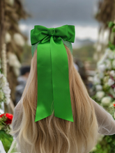 Load image into Gallery viewer, Green Satin Bow Headband Fascinator, on a Sinamay Halo Base, with tails