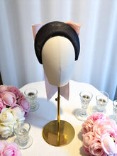 Load image into Gallery viewer, Pink Satin Back Bow Headband on Black Sinamay Halo Base with Tails