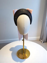 Load image into Gallery viewer, Pink Satin Back Bow Headband on Black Sinamay Halo Base with Tails