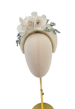 Load image into Gallery viewer, Ivory Halo Fascinator Headband, with Silk Organza flower Vine and Blue Beads,