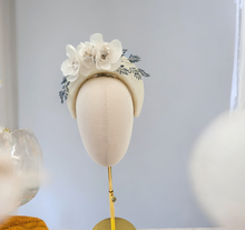 Load image into Gallery viewer, Ivory Halo Fascinator Headband, with Silk Organza flower Vine and Blue Beads,