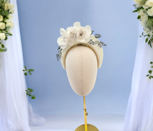 Load image into Gallery viewer, Ivory Halo Fascinator Headband, with Silk Organza flower Vine and Blue Beads,