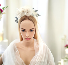 Load image into Gallery viewer, Ivory Halo Fascinator Headband, with Silk Organza flower Vine and Blue Beads,