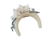 Load image into Gallery viewer, Ivory Halo Fascinator Headband, with Silk Organza flower Vine and Blue Beads,