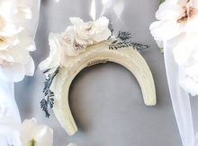 Load image into Gallery viewer, Ivory Halo Fascinator Headband, with Silk Organza flower Vine and Blue Beads,