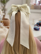 Load image into Gallery viewer, Ivory Satin Bow Headband Fascinator, on a Sinamay Halo Base, with tails