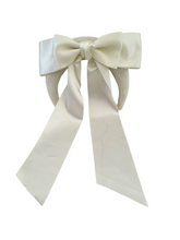Load image into Gallery viewer, Ivory Satin Bow Headband Fascinator, on a Sinamay Halo Base, with tails