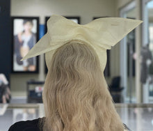 Load image into Gallery viewer, Pink Bow Headband Ivory Fascinator, on a Sinamay Halo Base, Back Bow colour options