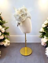 Load image into Gallery viewer, Ivory Silk Headband Fascinator – Bandeau Style with Flowers and Veiling, 10cm Wide