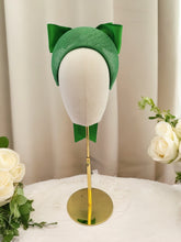 Load image into Gallery viewer, Green Satin Bow Headband Fascinator, on a Sinamay Halo Base, with tails