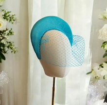 Load image into Gallery viewer, Turquoise Blue Extra Tall Padded Headband with Blusher Veil – Wedding Hat Headpiece