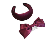 Load image into Gallery viewer, Wine Burgundy  Headband Fascinator with Separate Large Satin Back Bow, 7cms wide headband