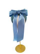 Load image into Gallery viewer, Pale Blue Satin Bow Headband Fascinator, on a Sinamay Halo Base, with tails