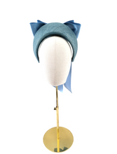 Load image into Gallery viewer, Pale Blue Satin Bow Headband Fascinator, on a Sinamay Halo Base, with tails