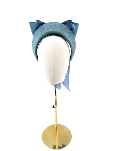 Pale Blue Satin Bow Headband Fascinator, on a Sinamay Halo Base, with tails
