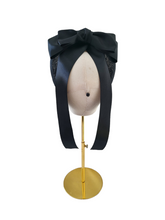 Load image into Gallery viewer, Black Satin Bow Headband Fascinator, on a Sinamay Halo Base, with tails