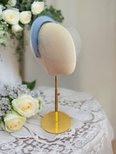 Load image into Gallery viewer, Blue Silk Satin Headband Padded Fascinator and Blusher Nose Length Veil