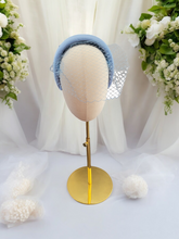 Load image into Gallery viewer, Blue Silk Satin Headband Padded Fascinator and Blusher Nose Length Veil