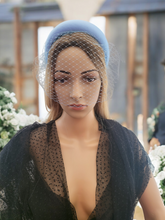 Load image into Gallery viewer, Blue Silk Satin Headband Padded Fascinator and Blusher Nose Length Veil