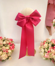 Load image into Gallery viewer, Big Pink Satin Bow Hair Clip, Fascinator,Sailor with Tails Bow 21 cms Wide,