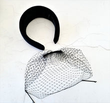 Load image into Gallery viewer, Black Velvet Halo Crown Headband, lightweight Fascinator, 8 cms Wide Wedding Headpiece Races, optional veil