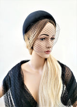 Load image into Gallery viewer, Black Velvet Halo Crown Headband, lightweight Fascinator, 8 cms Wide Wedding Headpiece Races, optional veil