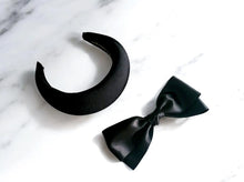 Load image into Gallery viewer, Black Headband Fascinator with Separate Large Satin Back Bow, 7cms wide headband