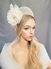 Load image into Gallery viewer, Ivory Fascinator Headband, Silk Rose Flower, Halo Crown Headpiece, Races Headwear,
