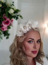 Load image into Gallery viewer, Ivory Flower Fascinator Headband, 2.5 cm wide duchess satin with silk flowers