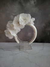 Load image into Gallery viewer, Ivory Flower Fascinator Headband, 2.5 cm wide duchess satin with silk flowers