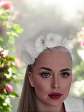 Load image into Gallery viewer, Ivory Flower Fascinator Headband, 2.5 cm wide duchess satin with silk flowers