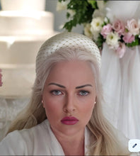 Load image into Gallery viewer, Ivory Silk Halo Fascinator Headband, with Gold Glitter Veiling