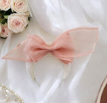 Load image into Gallery viewer, Pink Bow Headband Ivory Fascinator, on a Sinamay Halo Base, Back Bow colour options