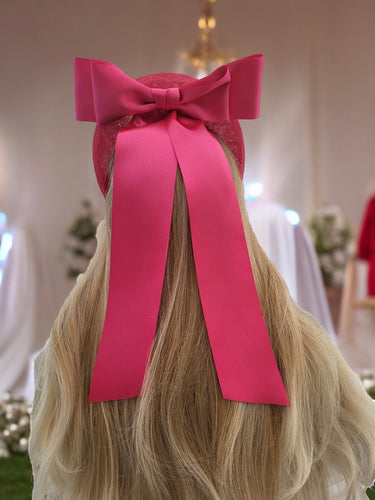 Pink Satin Bow Headband Fascinator, on a Sinamay Halo Base, with tails
