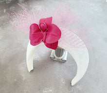 Load image into Gallery viewer, Pink Leather Orchid Fascinator on Ivory Headband with Veiling